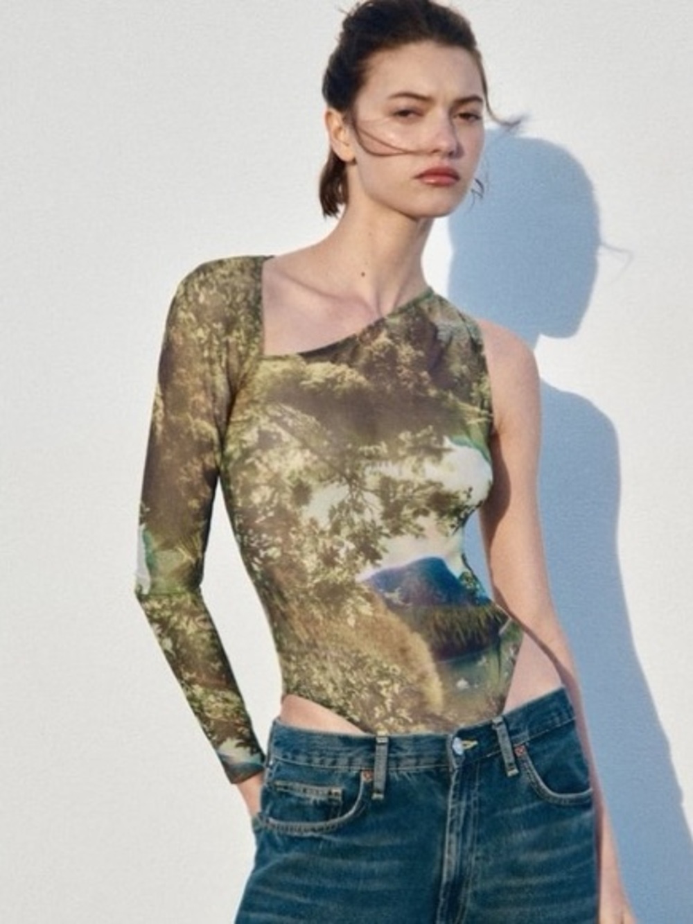 ZARA Mesh Nature Printed Tulle One Shoulder Asymmetric Neckline Bodysuit Medium